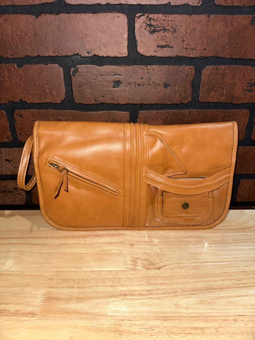 Classic Tan Wristlet Clutch with Front Pockets - Picture 2 of 8